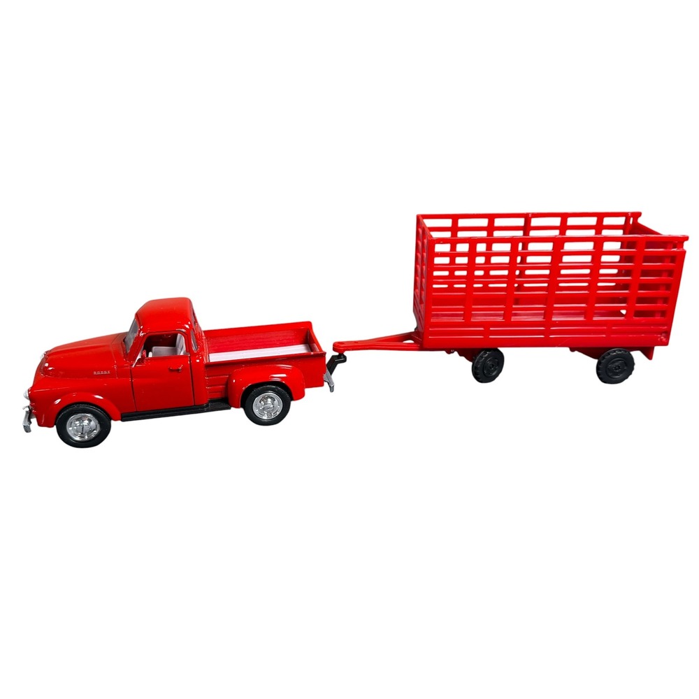 New-Ray Red Dodge Pickup Truck with Livestock Trailer Diecast Farm Toy Set